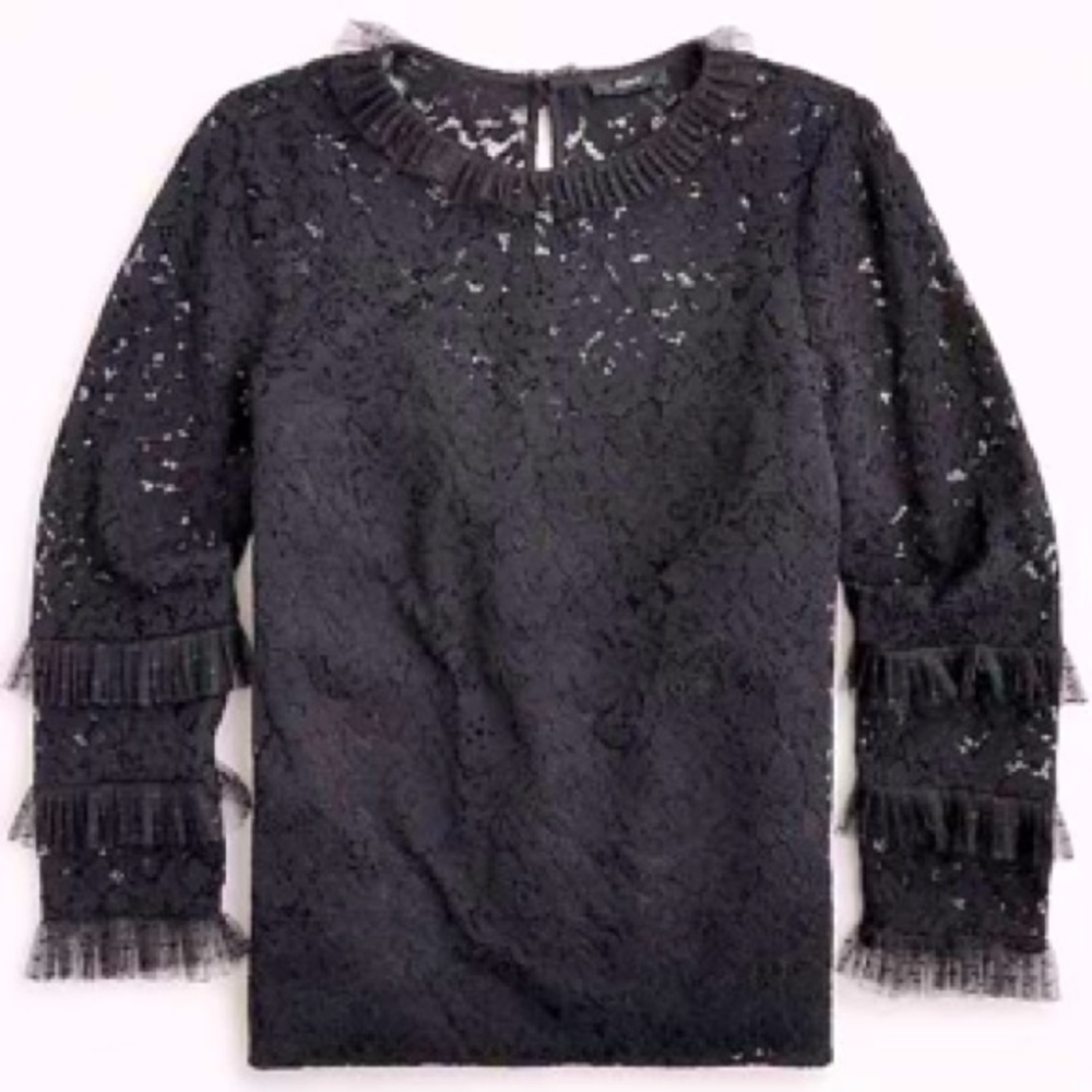 J.Crew Black Lace Blouse with Tulle Ruffle AU229